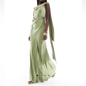 ASOS Six Stories One Shoulder Satin Dress in Moss Green